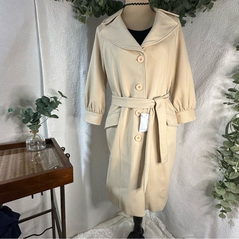 NWOT Spiegel Beige Belted Button Up Dress Coat w/ Front Pockets 6